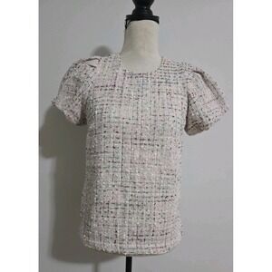 Crown & Ivy PINK Pattern Notch Collar 3/4 Puff‎ Sleeve Tunic Blouse Women Small